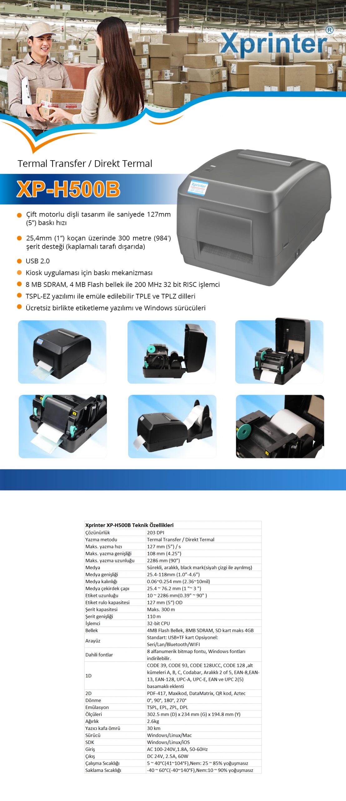 XPRINTER XP-H500B TT Barkod Yazıcı 4″ U/R/E – Endeks Bilişim